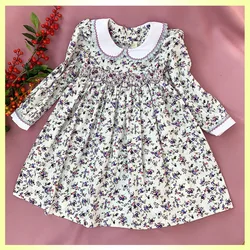 Smocked Dress for Kids Girls 2023 Autumn Long Sleeve Floral Elegant Princess Cotton Dresses Girls Vintage Flower Print Outfit