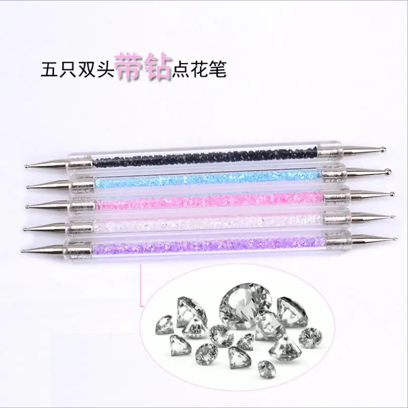 5 Size Nail Art Dotting Pen Acrylic Rhinestone Crystal 2 Way UV Gel Painting Manicure Tool Drawing Liner Flower Brush T0121