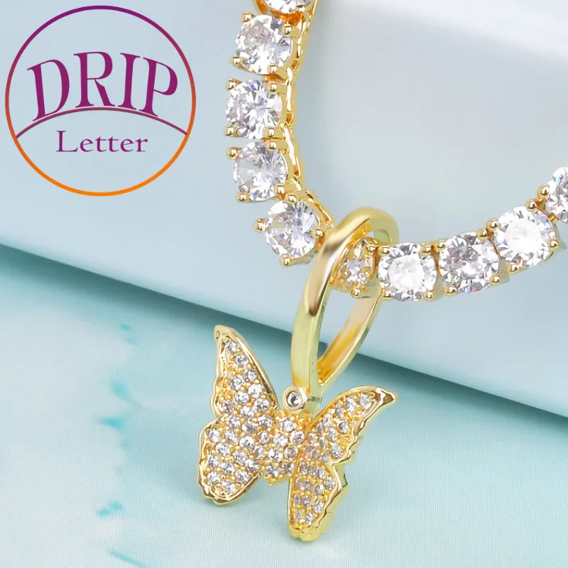 Drip Letter Mini Butterfly Pendant Gold Color Zircon Necklace for Men Hip Hop Animal Style Fashion Jewelry