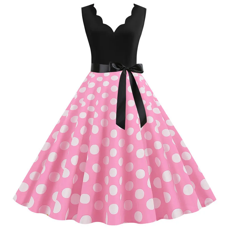 Polka Dot Print Women Summer Dress Black Patchwork Sleeveless V Neck Elegant Vintage Party Casual Midi Dress