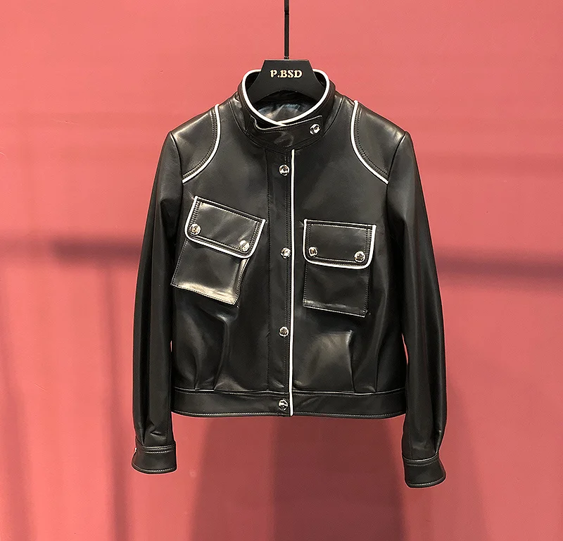 Jaqueta de Couro Genuíno Casaco Mulheres Real Pele De Carneiro Designer De Marca De Luxo 2023 Novas Senhoras Outono Inverno Motocicleta Outerwear Feminino