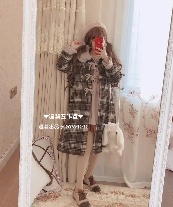 Inverno vintage reticolo dolce lolita cappotto collare del peter pan di bowknot del manicotto di soffio vittoriano cappotto della ragazza kawaii