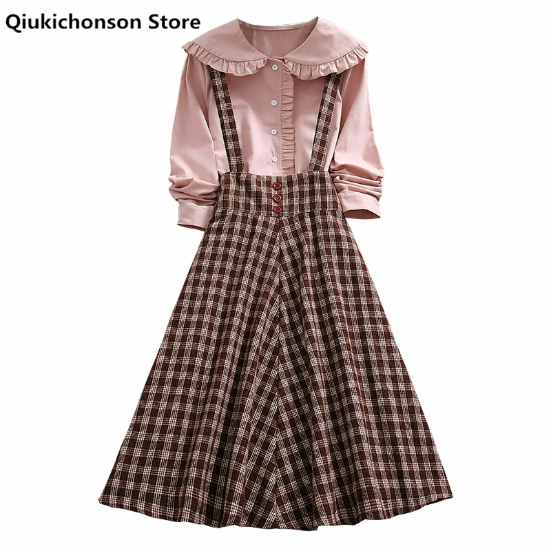 Qiukichonson Spring Autumn Women Long Midi Suspender Skirt Preppy Style Cute High Waist A-Line Plaid Skirts For Teen Girls jupe