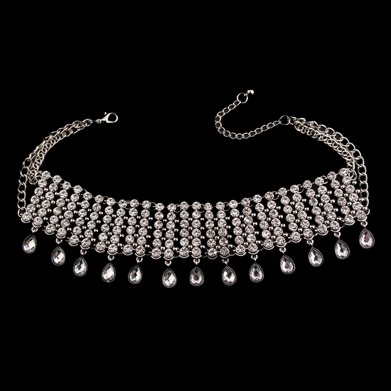 Elegant Women Neckalce Full Clear Rhinesstone Crystal Choker Neckalce Gold Siver Color Chain Collar Bib Statement Necklace