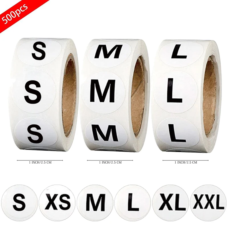 New 500pcs/roll Size White Paper 1inch Stickers Adhesive Labels for Supermarket Clothes Hat Size S/XS/M/L/XL/XXL Sealing Sticker