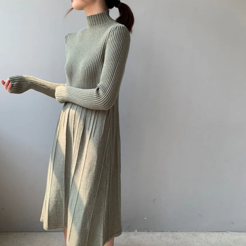 Autumn Winter Warm Wool Knitted Pleated Dress For Women Long Sleeve Casual Turtleneck Sweater Midi Dresses Female Vestidos Mujer