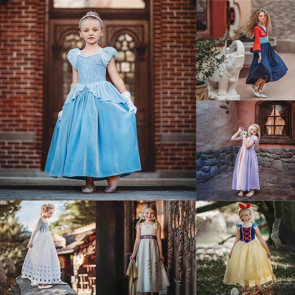 Disney Princesa Anna e Elsa Branca de Neve Vestido de festa para meninas, vestido maxi manga comprida Cinderela Mulan Halloween Cosplay Fancy Outfits