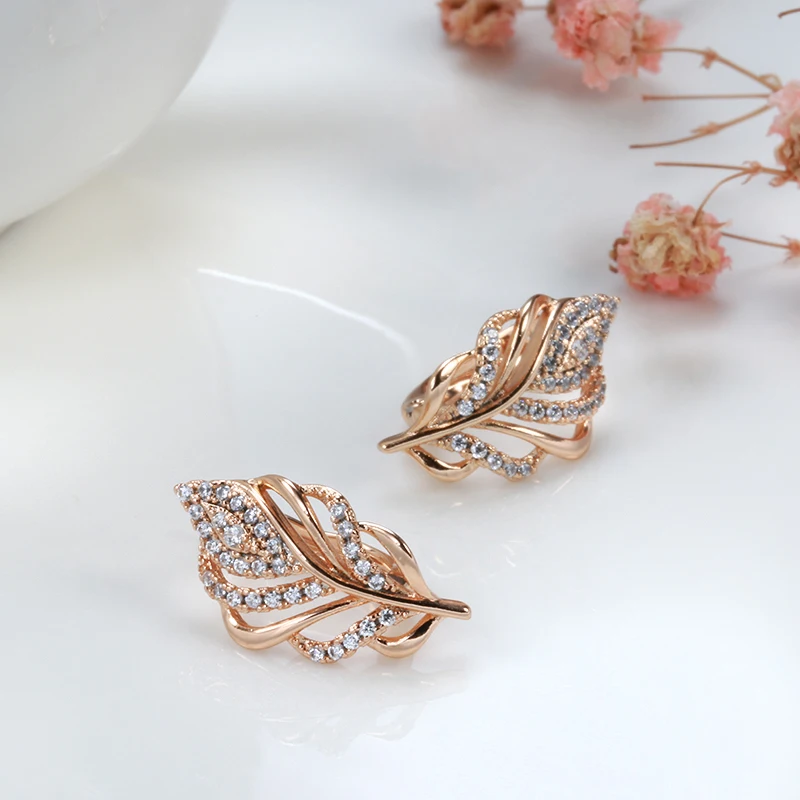 Kinel Hot 585 Rose Gold Women Earring Ring Sets Fashion Natural Zircon Flower Vintage Earring Ring Gift Daily Fine Jewelry Set