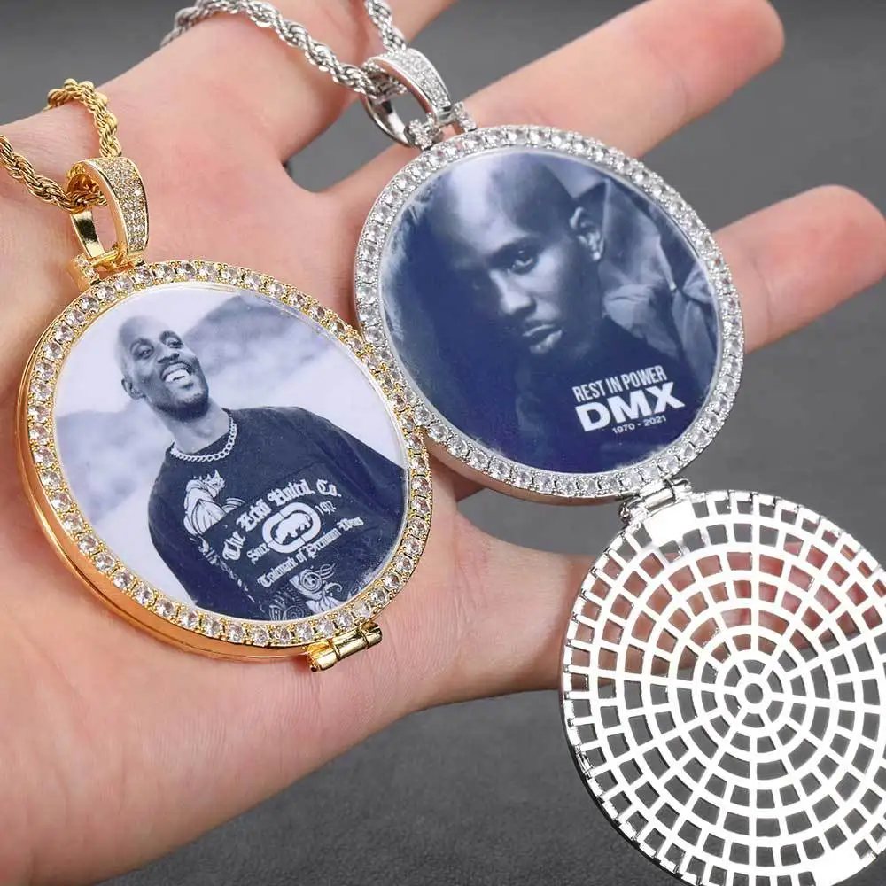 AZ Hip Hop Round Flap Custom Made Photo Pendant Goth Necklace Paved Zircon Stone Men Women DIY Jewelry Wholesale