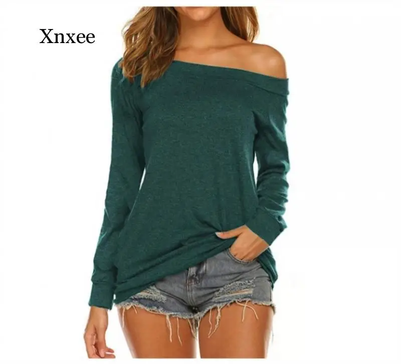 Casual Slash Neck Women T-shirs Apring Autumn Long Sleeve Solid Casual Female Shirts Summer Ladies Knitted Tops Pullovers 2021