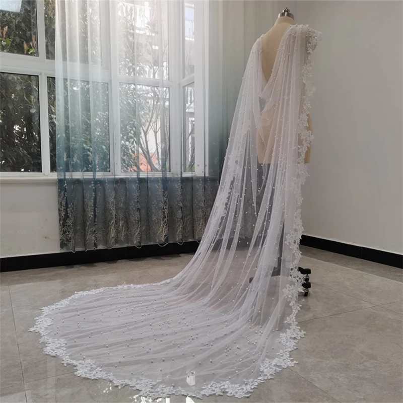 Real Photos Pearls Tulle Bridal Shoulder Cape Veils White Ivory Lace Appliques Bolero Shrugs for Brides Cathedral Long 3 4 5 m