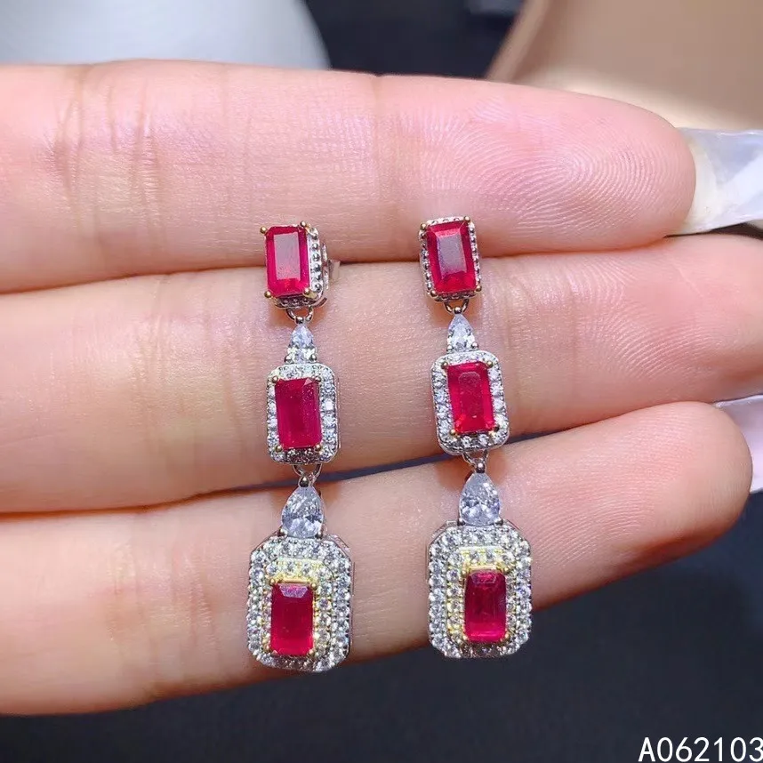 KJJEAXCMY fine jewelry 925 sterling silver inlaid natural ruby Girls' fashion trendy square earrings eardrop support detection