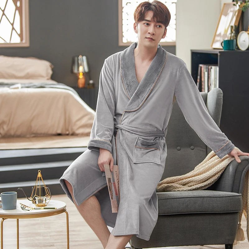 

Men Sleepwear Robe Winter Island Fleece Thicken Terry Male Long Sleeve Kimono Warm Flannel Bathrobe Home Wear Peignoir Men Robe