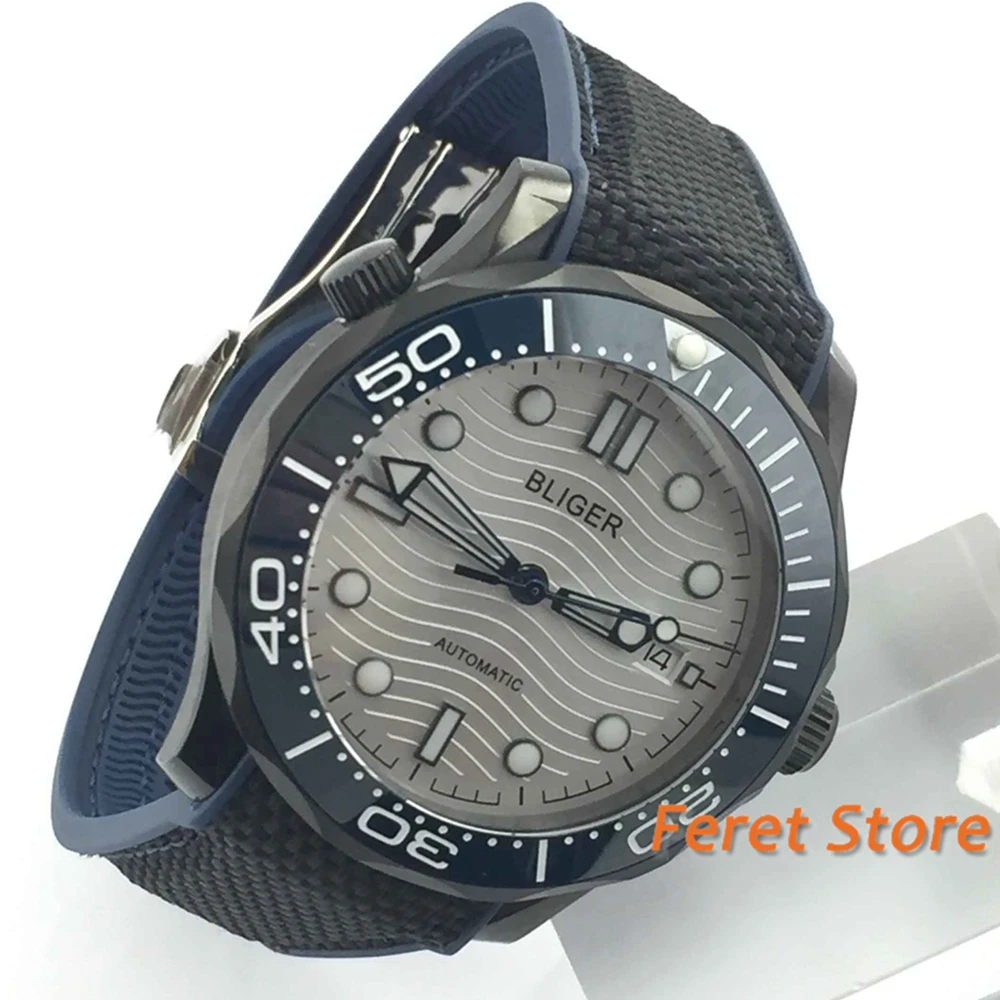 

BLIGER 41mm Watch top fashion Black PVD Case White Dial Blue Ceramic bezel sapphire glass date MIYOTA 8215 Automatic Mens Watch