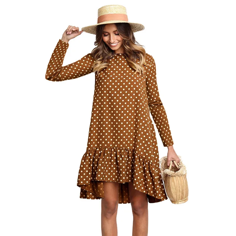 Women Autumn Dress Fashion Polka Dot Chiffon Dress Long Sleeve O Neck Ruffle Female Casual Yellow Dress 2023 Retro Vestido Mujer