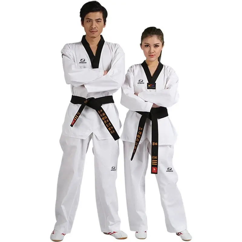 

Cheap good quality child adult EXTERA taekwondo uniform Poom V-neck karate dobok WTF breathable fitness sport clothes suit TKD