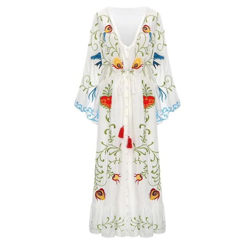 TEELYNN maxi dress for women 2020 vintage white cotton floral Embroidery dresses sexy V-neck dress brand boho dresses Vestido