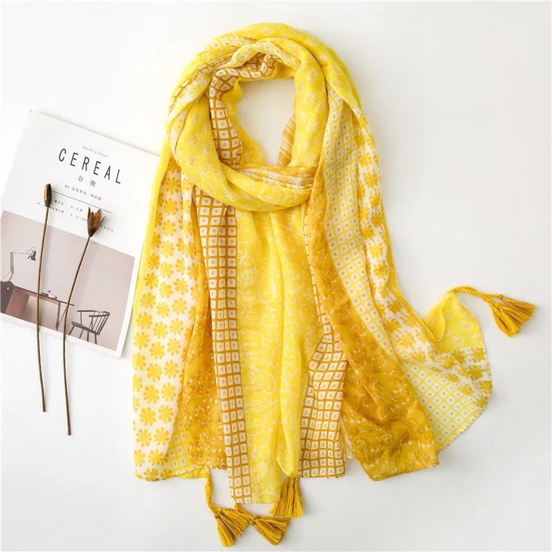 

2020 Women Autumn Yellow Polka Floral Tassel Viscose Scarf Luxury Brand Print Pashmina Shawl Foulard Muslim Hijab Caps 180*100Cm