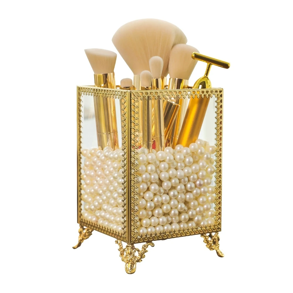 European Makeup Brush Storage Tube Metal Trim Crystal Glass Square Column Storage Bucket Desktop Organizer Box