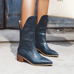 2025 Autumn Winter Casual Western Cowboy Ankle Boots Women Snake Leather Cowgirl Booties Short Cossacks Botas High Heels Shoes