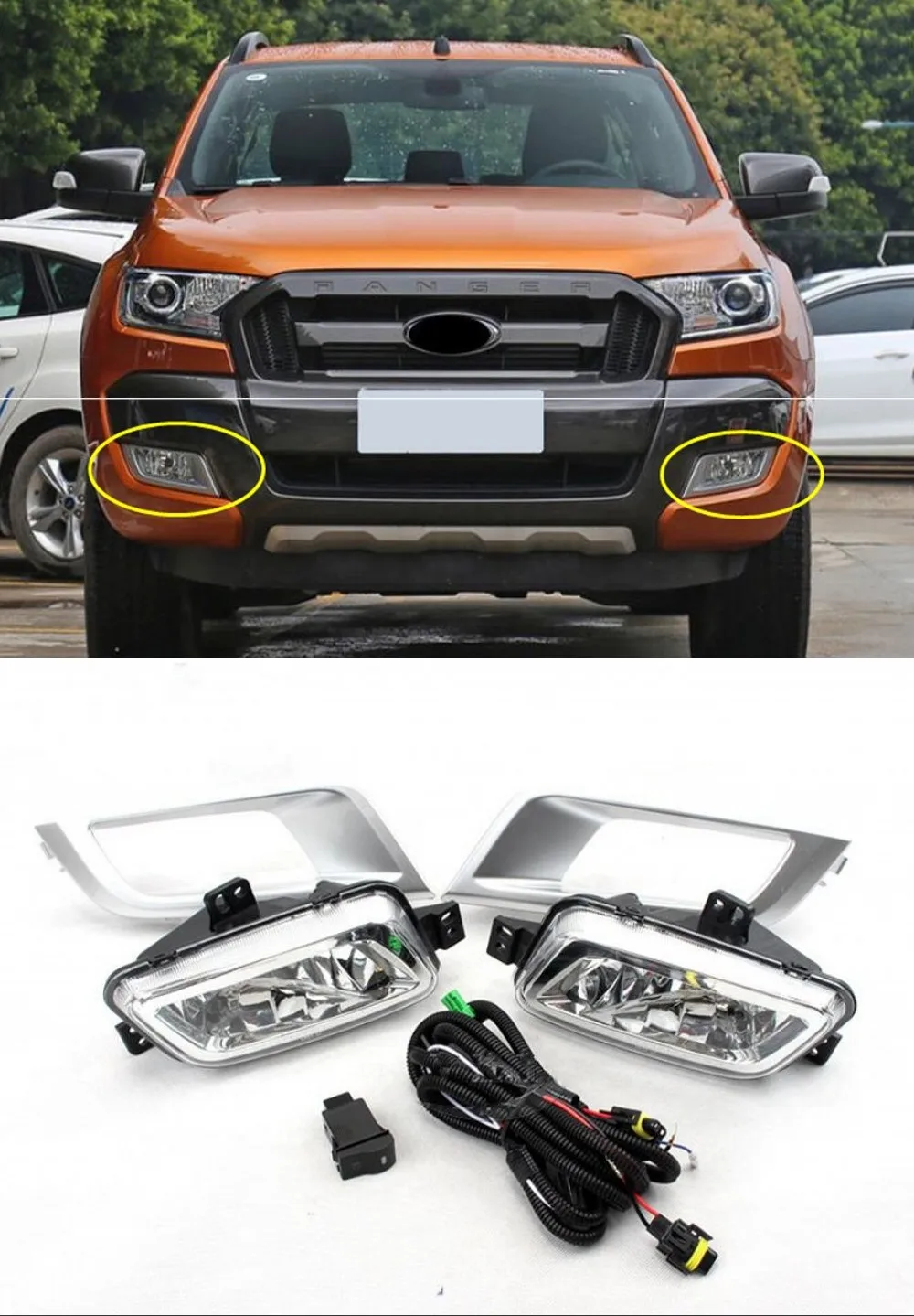 

JanDeNing Black Bumper Fog Lamps Light Complete Kit/1Set Fits For Ford Ranger 2015-2018