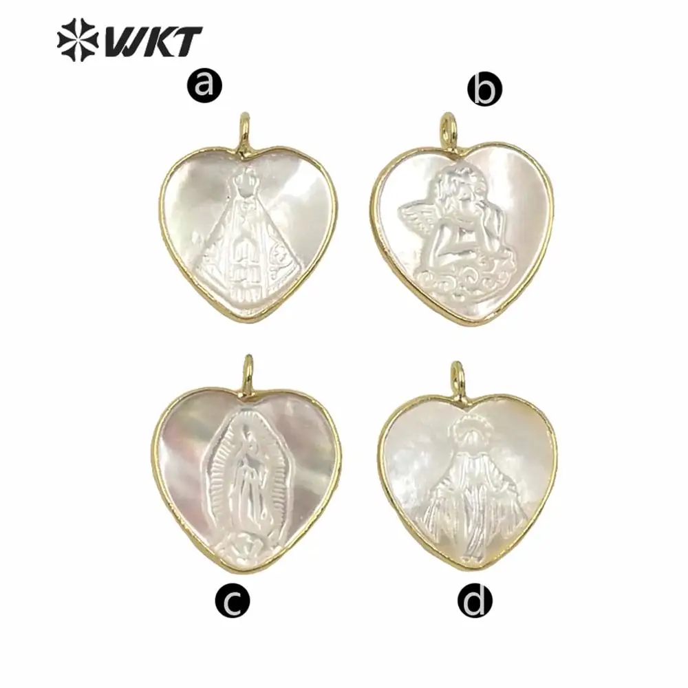 WT-JP233 Wholesale Natural Shell Pendant With Gold Edged Heart Shape White Carved For Ladies Necklace Handmade Accessory