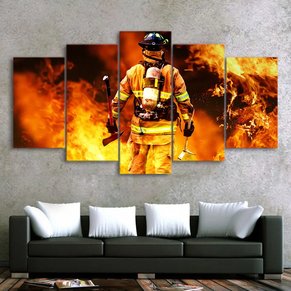 

No Framed Canvas 5Pcs Fireman In Fire Decorative Print Wall Art Posters Home Decor Picture Accessories Room Decoration Paintings