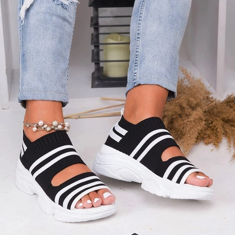 New Women Sandals 2024 High Heels Platform Women Shoes Summer Casual Female Sneakers Knitting Slip On Peep Toe Women Sandals