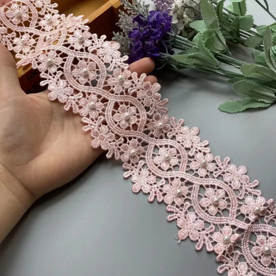 1 Yard Pink Pearl Flower Embroidered Lace Edge Trim Ribbon Applique Sewing Craft For Crochet Wedding Bridal Dress Clothes New