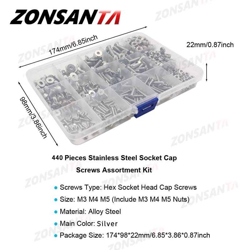 ZONSANTA 440pcs Hex Socket Flat Head Screws Bolts and Nuts Set M3 M4 M5 304 Stainless Steel Mechanical Bolt Furniture Screws