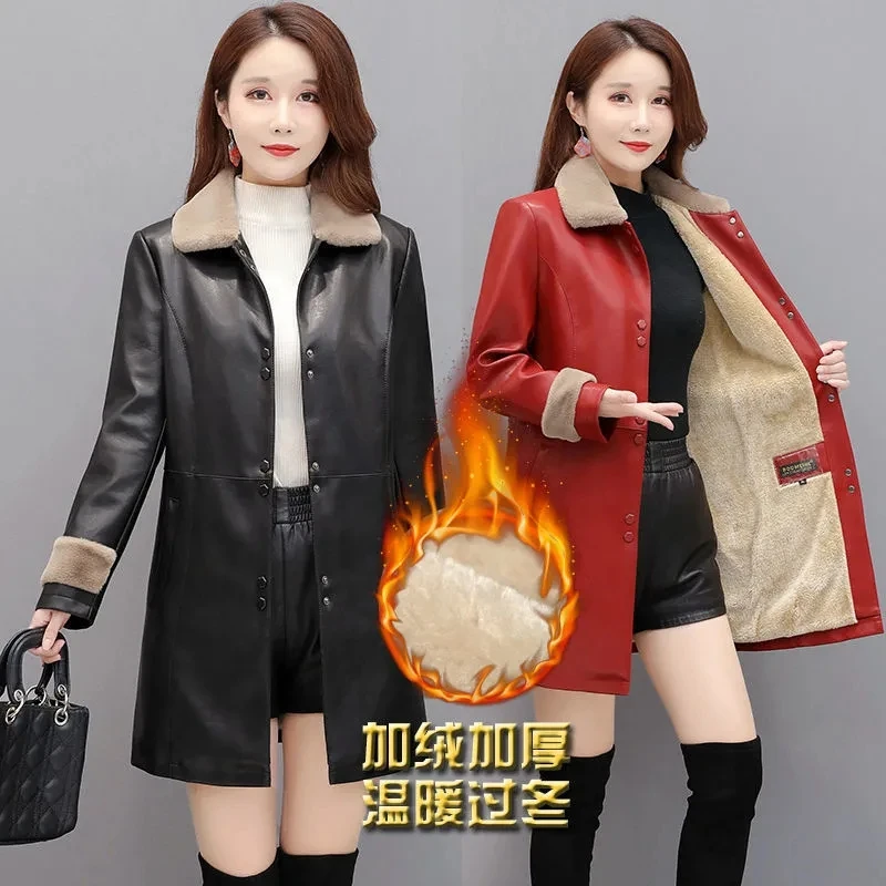 Leather Parka 2022 Winter New PU Leather Jacket Women's Autumn Mid-Long Velvet Thick Warm And Windshield Mother's Outcoat Black