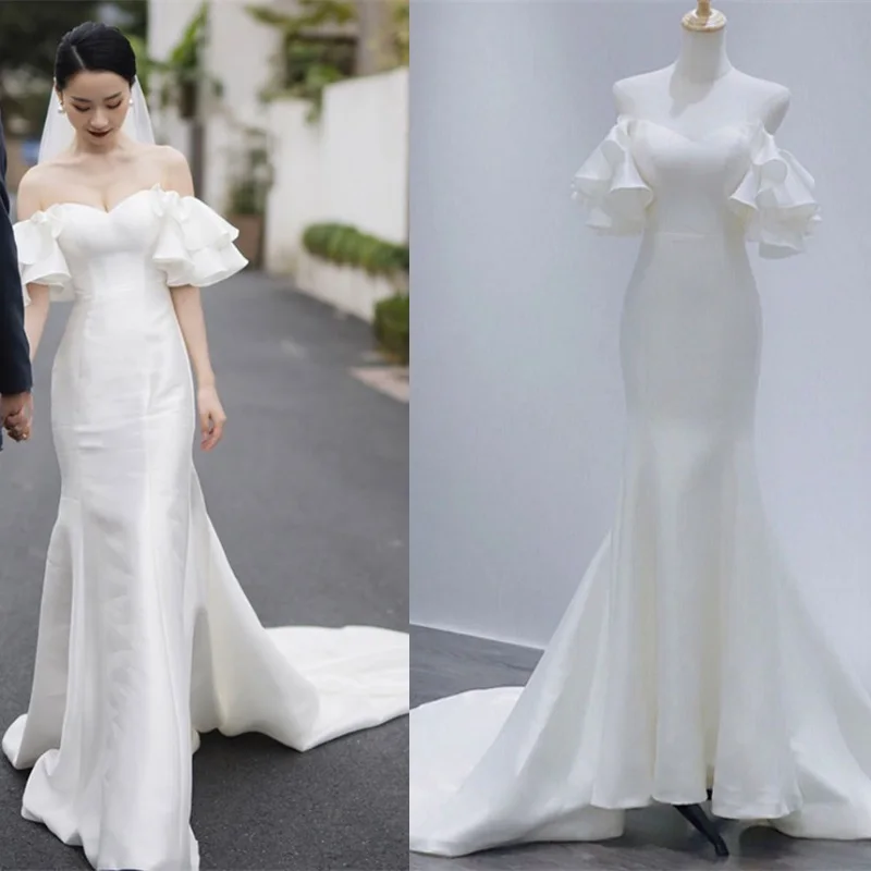 Off-hombro corea del estilo de barrido tren Vintage boda elegante vestido de tubo de satén de novia trajes de novia vestidos de mairee boda