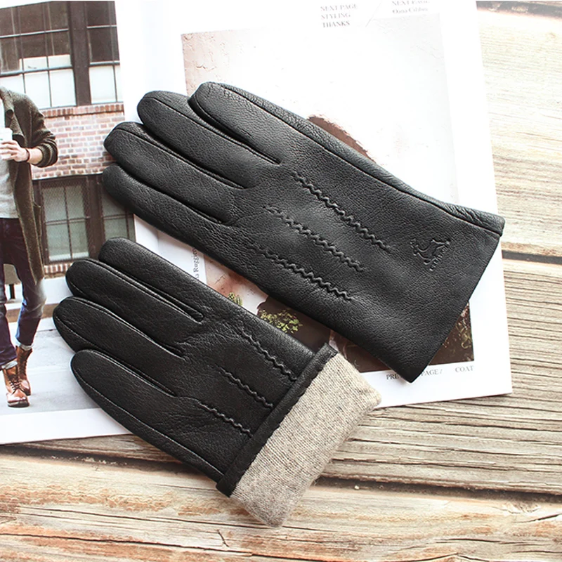 Nieuwe Mannen Zwart Lederen Handschoenen Mode Hand-Genaaid Hertenleer Outdoor Fietsen Rijden Boutique Korte Paragraaf Manicure