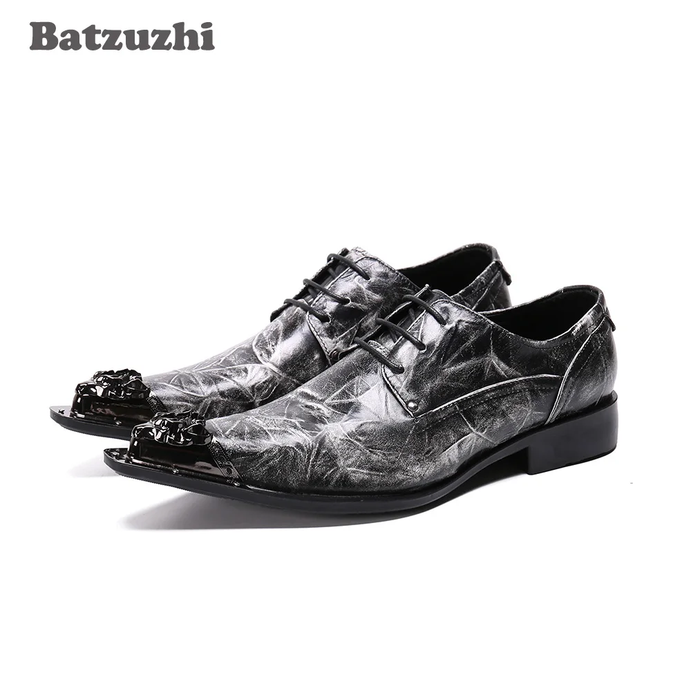 

Batzuzhi Fashion Men's Shoes Pointed Toe Metal Tip Leather Dress Shoes Lace-up Sapato Masculino Business Party Men Leather Shoes