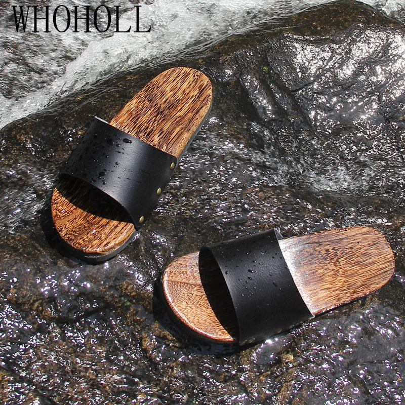 WHOHOLL Geta – pantoufles d\'été antidérapantes pour hommes, pantoufles de plage, sabots d\'extérieur en bois à désodorisation fraîche