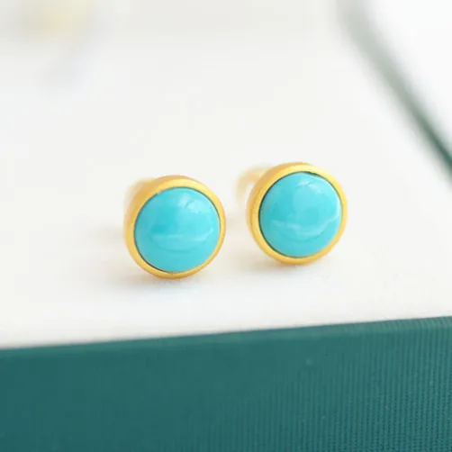 Original New Silver Inlaid Turquoise Round Earrings retro cool charm sand gold craft light luxury women\'s brand jewelry