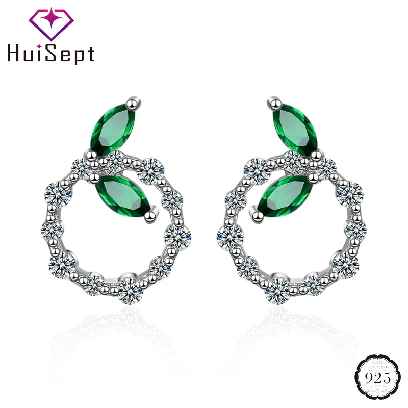 

HuiSept Fashion Silver Earrings 925 Jewelry Leaf Shape Emerald Gemstones Zircon Stud Earrings for Female Wedding Party Wholesale