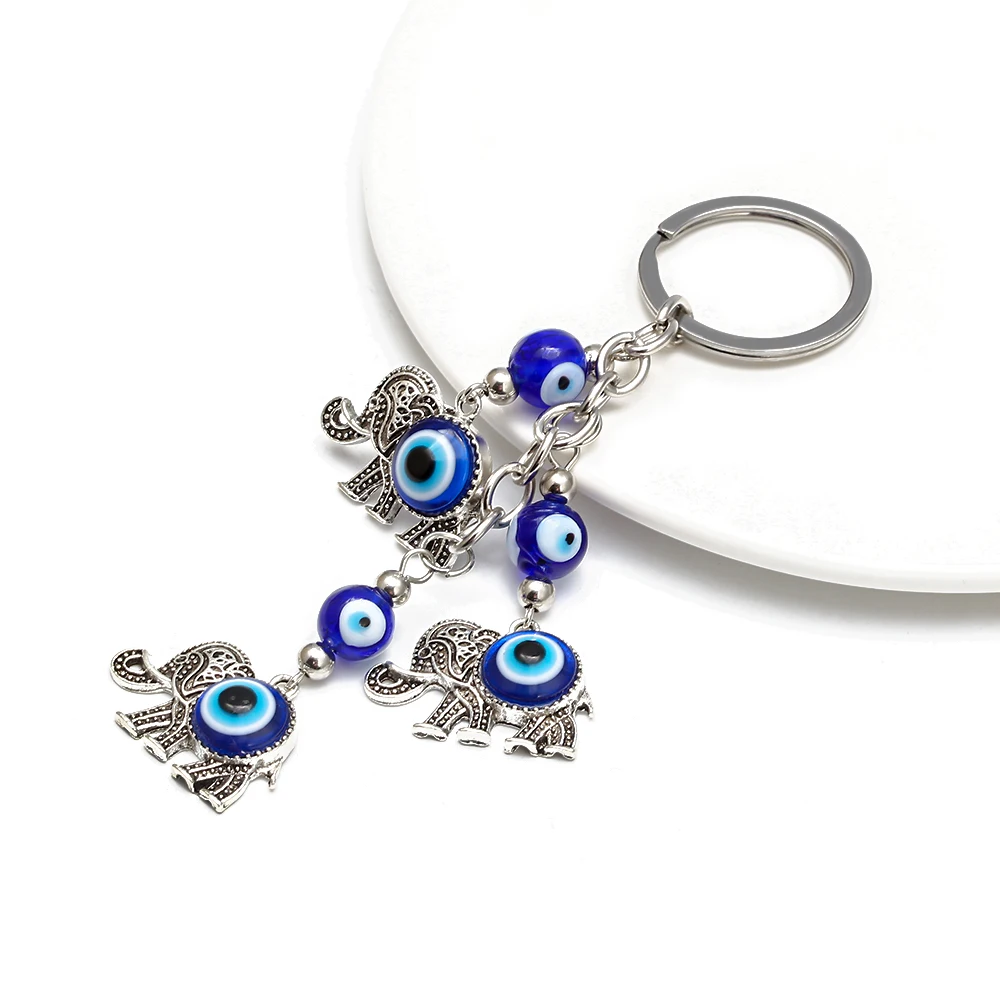 1pc Blue Evil Eye Charms Keychain Elephant Pendent Key Chain Alloy Tassel Car Key Chain Fashion Jewelry