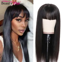 Peluca de cabello humano liso brasileño con flequillo, pelo postizo Natural con flequillo, 180 de densidad, hecho a máquina, 200