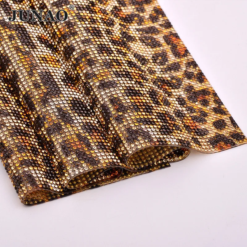 JUNAO 24x40cm Print Leopard Self-Adhesive Rhinestones Mesh Trim Hot Fix Crystal Fabric Sheets Iron on Strass Ribbon for Crafts