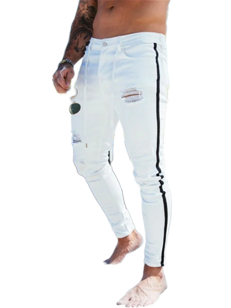 2021 New Men\'s Hip-Hop Hole Ripped Pants Fashion White Jeans Men Side Stripe Jeans Big Size Brand Skinny Stretch Slim Fit Pants