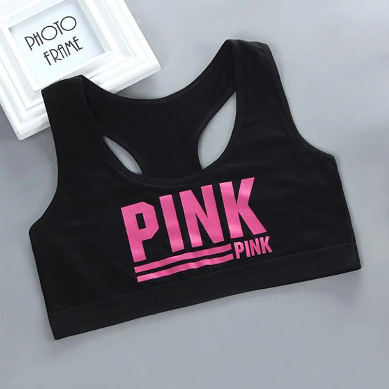 Teen bra girl vest Cotton Spandex with Pink Letter Solid Color Girl's Sport Underwear Letter Racerback Training