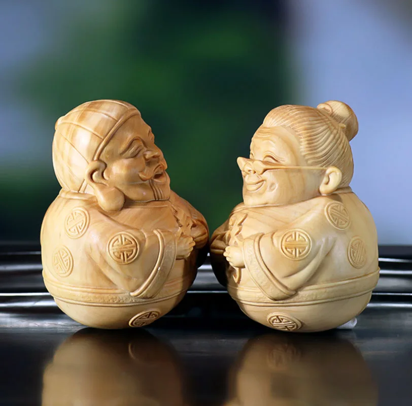 XS551- 6X4X4 CM Sweet Old Couple Boxwood Sculpture Feng Shui Wood Carving Happy Elder Grandparents Statue Collection Ornaments