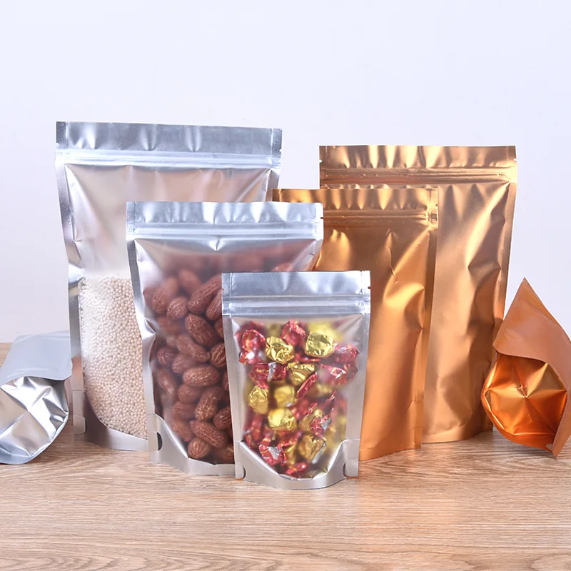 

1000Pcs Stand Up Clear Gold Plastic Aluminum Foil Zip Lock Packaging Bag Mylar Heat Seal Zipper Bag for Snack Bean Retail Pack