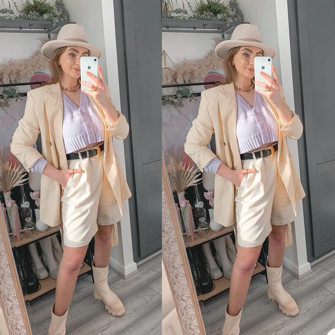 

Summer Casual Women Suits Double Breasted Peaked Lapel Loose Pocket Blazer Streetwear Chic Daily Shorts Jacket 2 Pieces Set