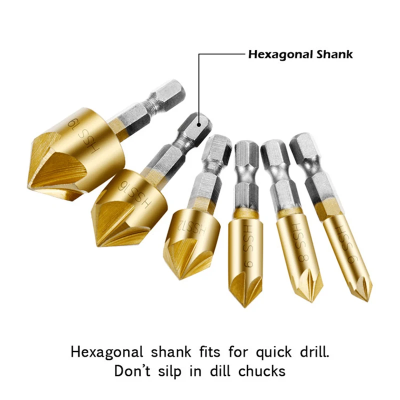 6pc Countersink Drill Bit Set 1/4\'\' Hex Shank HSS 5 Flute Countersink 90 Degree Wood Chamfering Cutter Chamfer 6mm-19mm Tool Set