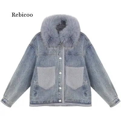 

Large Fur Collar Parkas Plus Velvet Denim Cotton Jacket Women Autumn Winter Wild 2020 Thick Korean Loose Stitching Cotton Coat