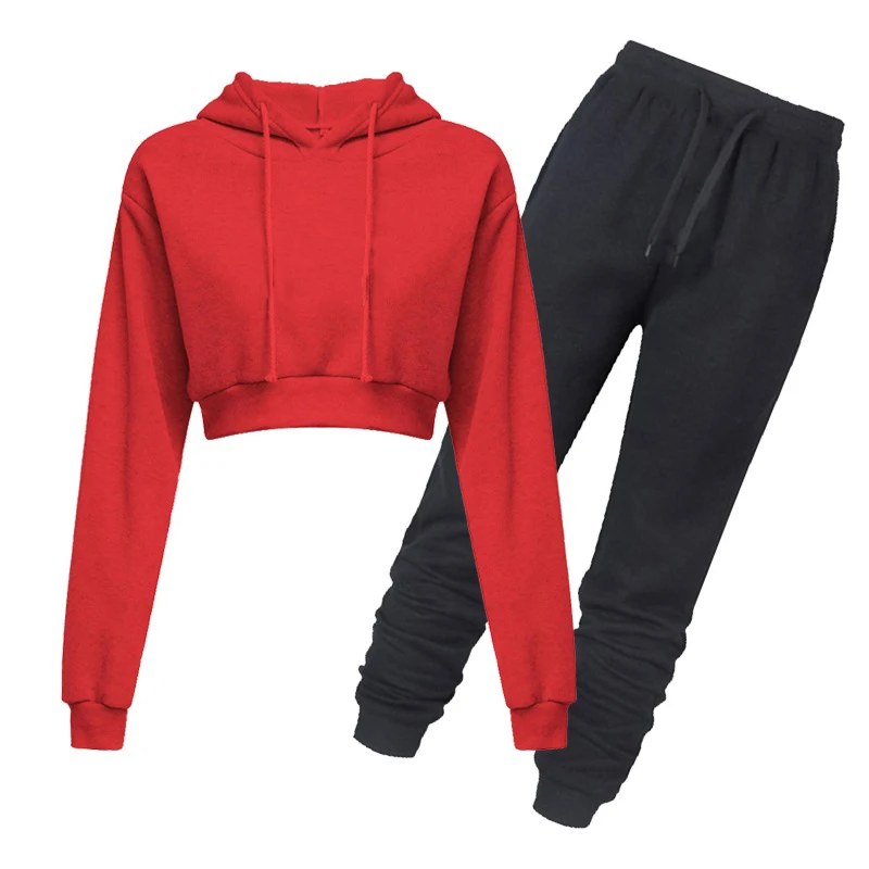 

Women Sports 2 Pieces Set Tracksuits Solid Color Short Hoodie Tops+Long Pants Casual Loose Sweatshirts Pullover Outfits