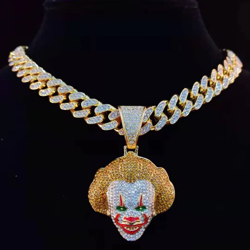 Men Women Hip Hop Movie Clown Pendant Necklace Miami Cuban Chain Iced Out Bling HipHop Necklaces Male Charm Jewelry