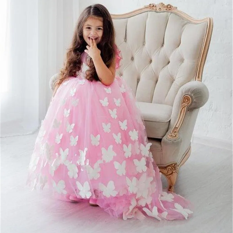 Doce artesanal borboletas rosa flor menina vestido para ocasião especial sem mangas sem costas vestidos de princesa menina pageant